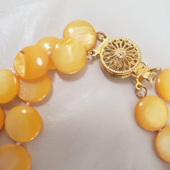 DBL Strand Yellow Shell Pearl Coin Handmade Necklace Filigree Box Clasp - Picture 7 of 9